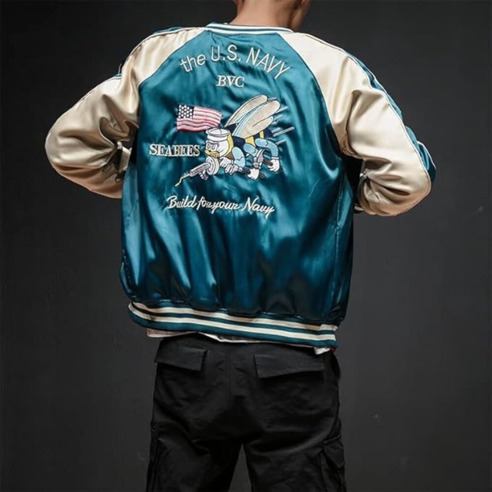 Reversible Satin Bomber Jacket U.S. Navy Seabees Embroidery & Cranes Design M